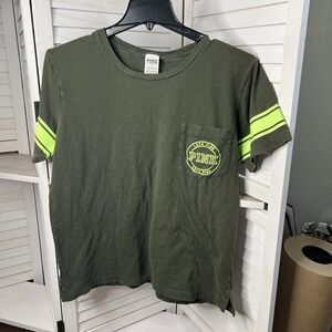 PINK Victoria's Secret Women's Lg Army Green Pocketed T Shirt W/ Lime‎ Green HTF